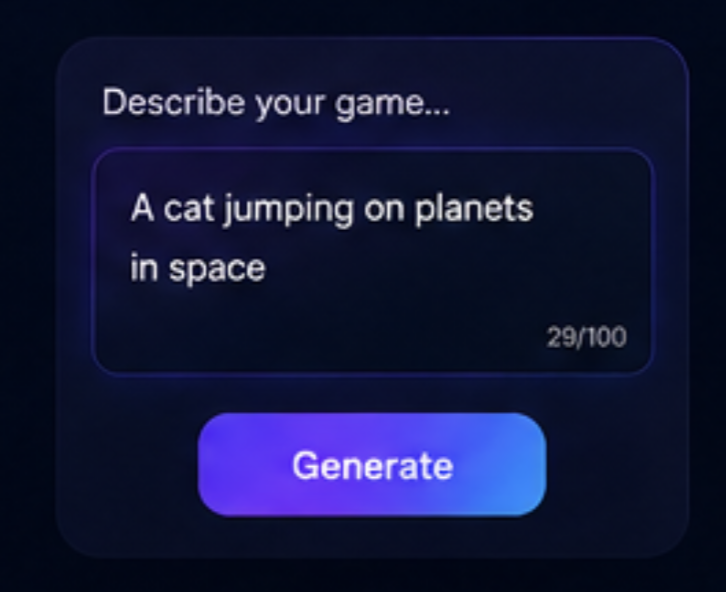 The PlayFeed prompt box: describe your game, then generate